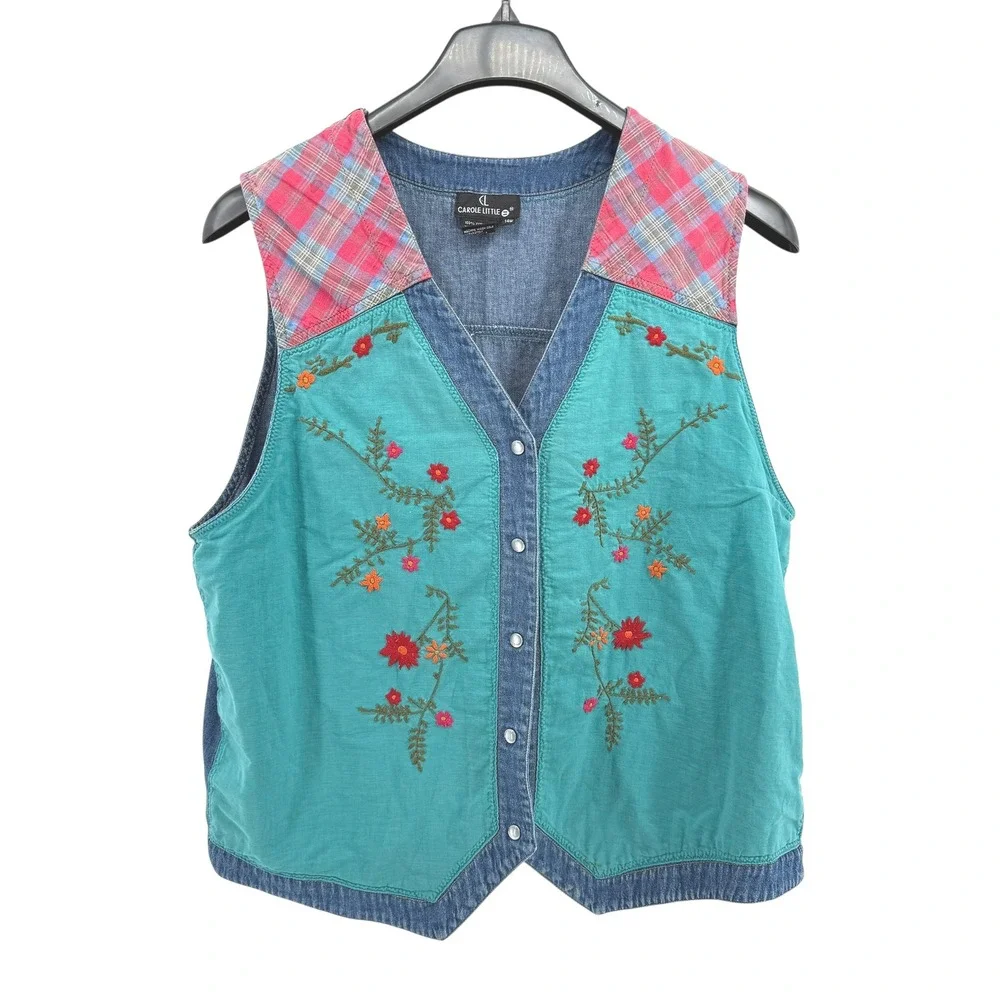 Vtg. Y2K Carole Little Floral Embroidered Denim Vest Western Plaid Womens 14W